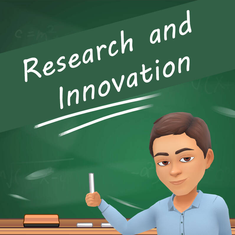 Bitmoji of Ryan Otter in front of a chalkboard with Research and Innovation written on it.